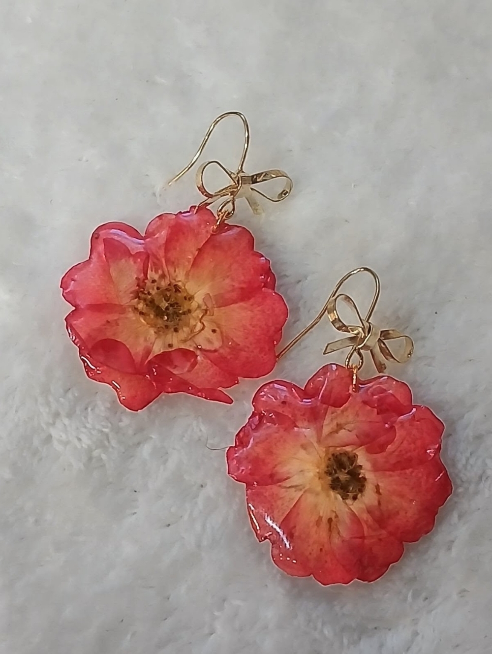 Handcrafted Pink Floral Drop Earrings with Gold Bow Accent